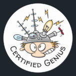 zertifizierter Genius Thinking Cap Funny Cartoon Runder Aufkleber<br><div class="desc">Setzen Sie Ihre Denkmäler an und kommen Sie auf neue großartige Ideen und Erfindungen. Ein genialer Cartoon Typ mit seiner elektrischen Steampunk-Denkkappe.</div>