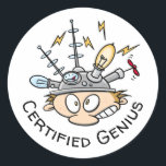zertifizierter Genius Thinking Cap Funny Cartoon Runder Aufkleber<br><div class="desc">Setzen Sie Ihre Denkmäler an und kommen Sie auf neue großartige Ideen und Erfindungen. Ein genialer Cartoon Typ mit seiner elektrischen Steampunk-Denkkappe.</div>