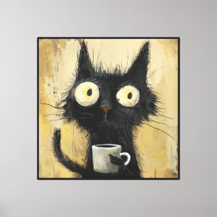 Zerzaustes schwarzes Katze mit Kaffee auf grungige Leinwanddruck