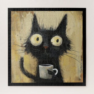 Zerzaustes schwarzes Katze mit Kaffee auf grungige Puzzle