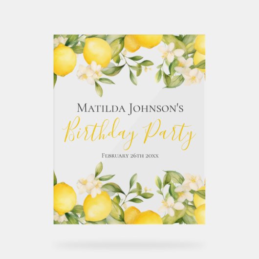 Zesty Lemons Fun Yellow Birthday Party Acrylschild (Vorderseite)
