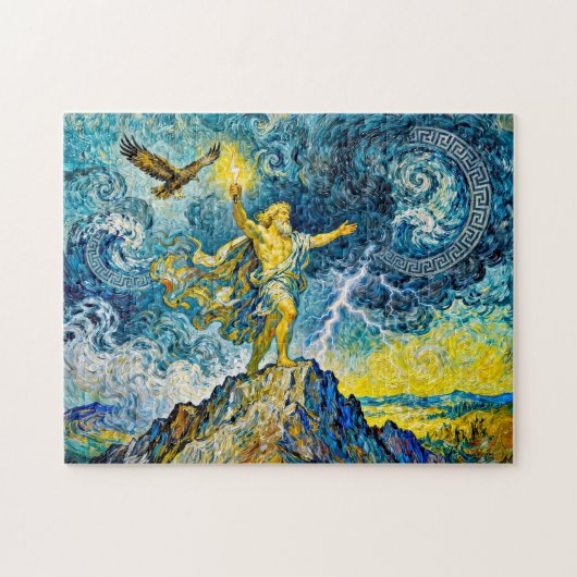Zeus auf stürmischen Felsen mit Blitz und Adler Puzzle (Horizontal)