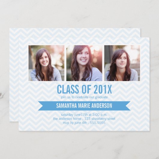 Zickzack 3 Foto Abschluss Einladung - Blau (Vorne/Hinten)