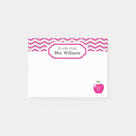 Zickzack Apple-Mit Monogramm-Lehrer in Pink Post-it Klebezettel (Vorderseite)