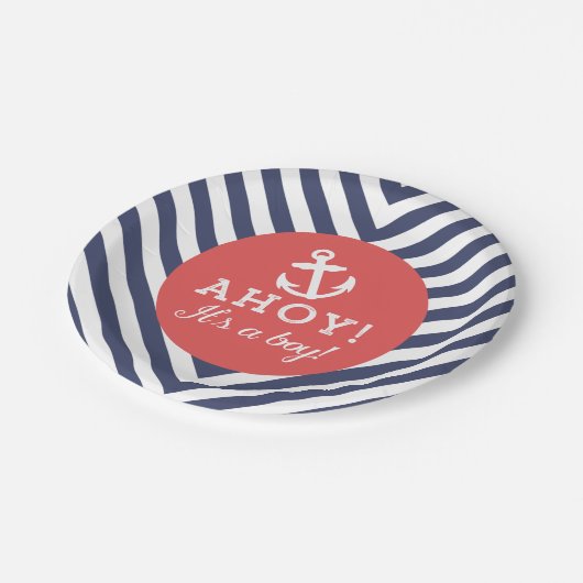 Zickzack Babydusche der Marine und Red Nautical Pappteller (Schrägansicht)