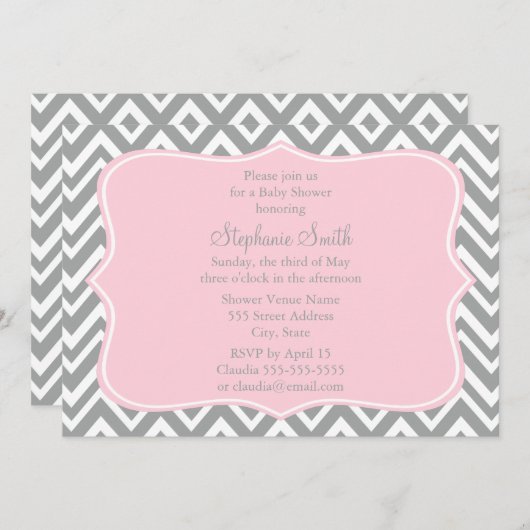 Zickzack Babydusche in Grau, Weiß und Pastellrosa Einladung (Vorne/Hinten)