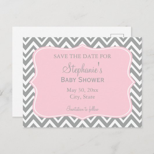 Zickzack Babydusche in Grau, Weiß und Pastellrosa Postkarte (Vorne/Hinten)