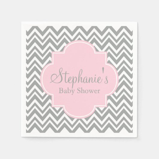 Zickzack Babydusche in Grau, Weiß und Pastellrosa Serviette (Vorderseite)