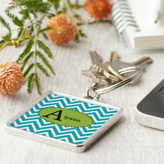 Zickzack, blauer und grüner Personalisierter Schlü Schlüsselanhänger (Seite)