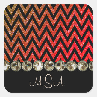 Zickzack Bling Red Monogram Glam Jewels Quadratischer Aufkleber