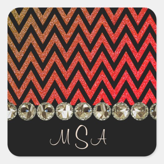 Zickzack Bling Red Monogram Glam Jewels Quadratischer Aufkleber (Vorderseite)