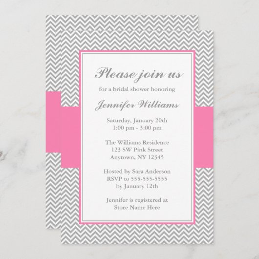Zickzack Brautparty in Rosa und Grau Einladung (Vorne/Hinten)