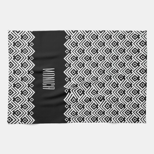 Zickzack Damast-individuelle Name in Schwarz/Weiß Geschirrtuch (Horizontal)