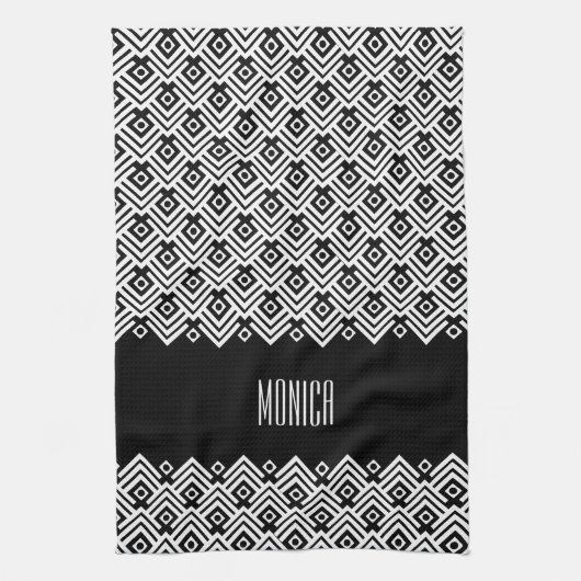 Zickzack Damast-individuelle Name in Schwarz/Weiß Geschirrtuch (Vertikal)