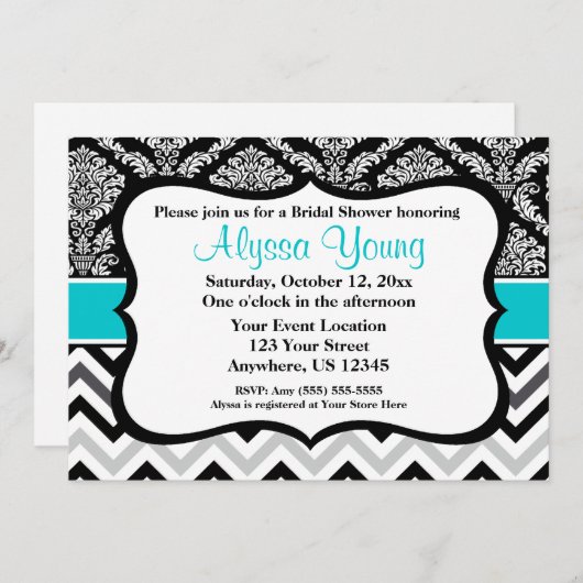 Zickzack Einladung von Black Aquamarin Damask (Vorne/Hinten)