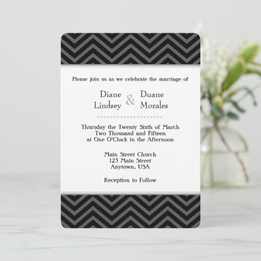 Zickzack Einladungen für Hochzeiten in Schwarz-We (Stehend Vorderseite)