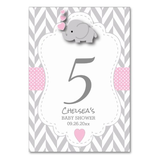 Zickzack Elefant in Rosa und Grau Tischnummer (Vorderseite)