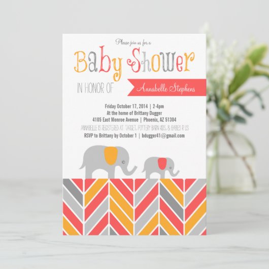 Zickzack Elephant Baby Dusche Einladung Korallen G (Stehend Vorderseite)