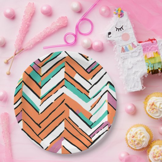 Zickzack Farbherringbone-Muster Pappteller (Party)