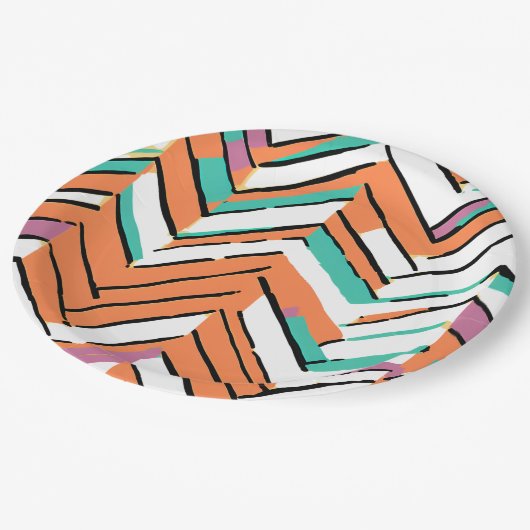 Zickzack Farbherringbone-Muster Pappteller (Schrägansicht)