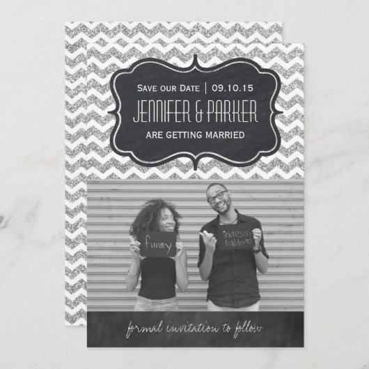 Zickzack Glitzer Save the Date Foto-Karten Einladung (Vorne/Hinten)