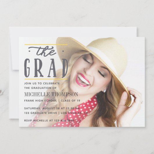 Zickzack Graduate-Party Einladung in Grau und Gelb (Vorderseite)