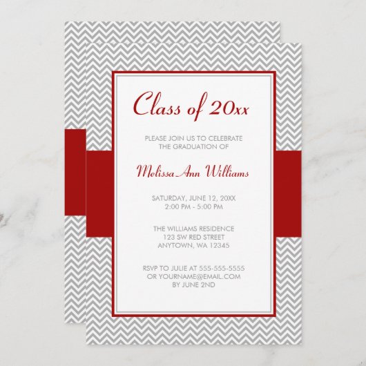 Zickzack Graduierungspartei Rot und Grau Einladung (Vorne/Hinten)