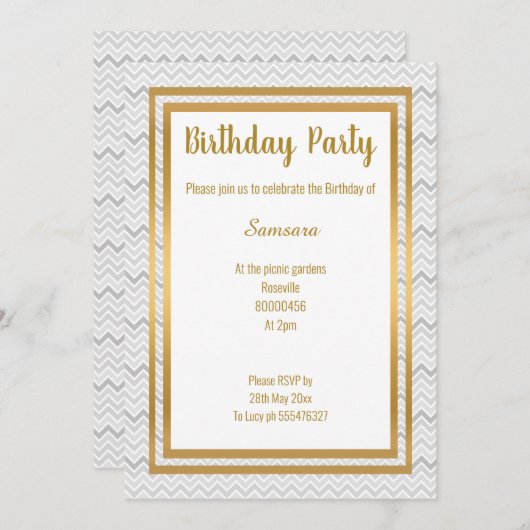 ZICKZACK GRAY LAYER GOLD JEDEN ANLASS GEBURTSTAG EINLADUNG (Vorne/Hinten)