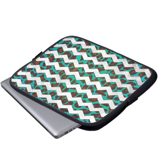 Zickzack Leopard, braun und Aquamarin Laptopschutzhülle (Vorne Knopf)