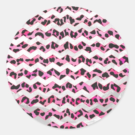 Zickzack Leoparden in Schwarz und Heiß Rosa Runder Aufkleber (Vorderseite)