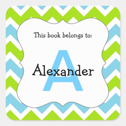 Zickzack Monogramm Buchzeichen Aufkleber blau grün (Vorderseite)