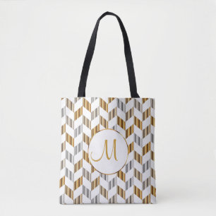 Zickzack Monogramm-Design aus Gold, Weiß und Silbe Tasche