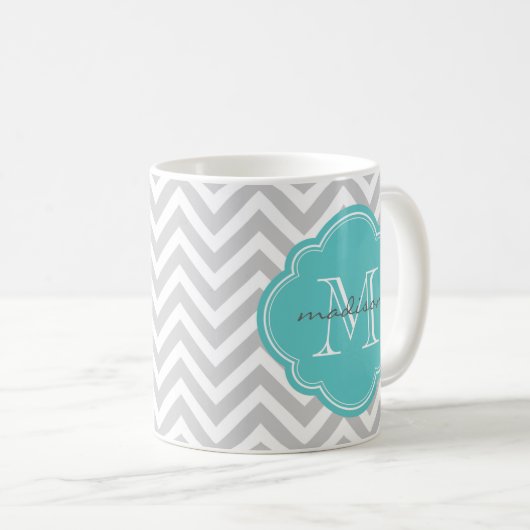 Zickzack Monogramm für Grau und Türkis Kaffeetasse (VorderseiteRechts)