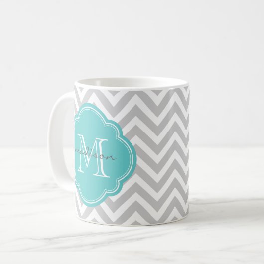 Zickzack Monogramm für Grau und Türkis Kaffeetasse (Vorderseite Links)