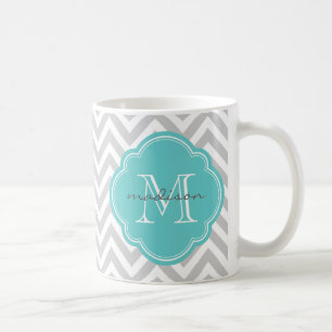 Zickzack Monogramm für Grau und Türkis Kaffeetasse