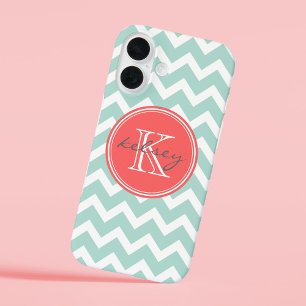 Zickzack Monogramm für Minze und Korallen iPhone 16 Hülle