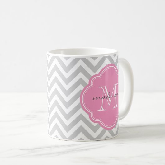 Zickzack Monogramm, grau und rosa Kaffeetasse (VorderseiteRechts)