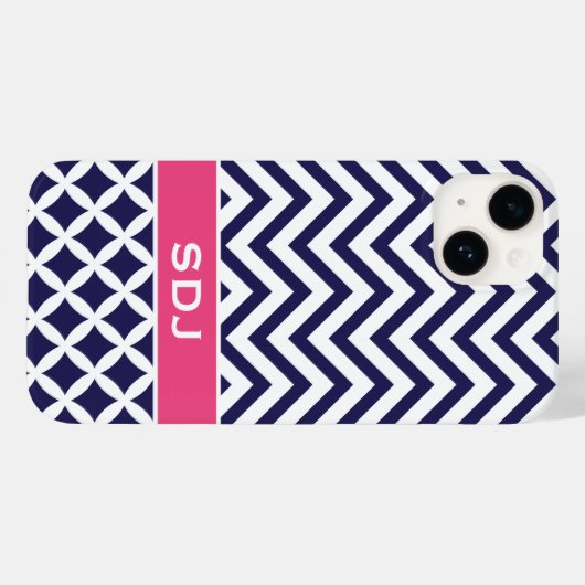 Zickzack Monogramm Navy Blue/Pink Case-Mate iPhone Hülle (Rückseite (Horizontal))