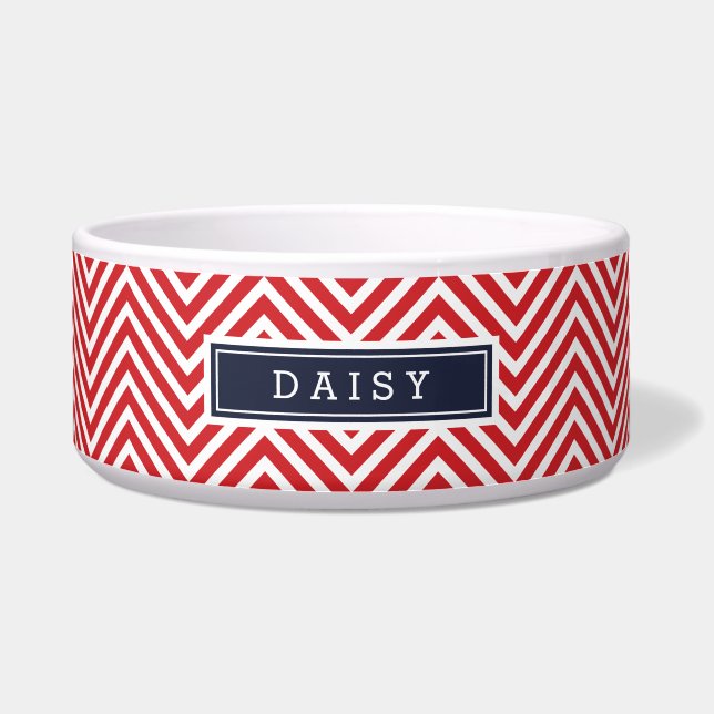 Zickzack Monogramm Rot und Navy Blau Napf (Vorderseite)