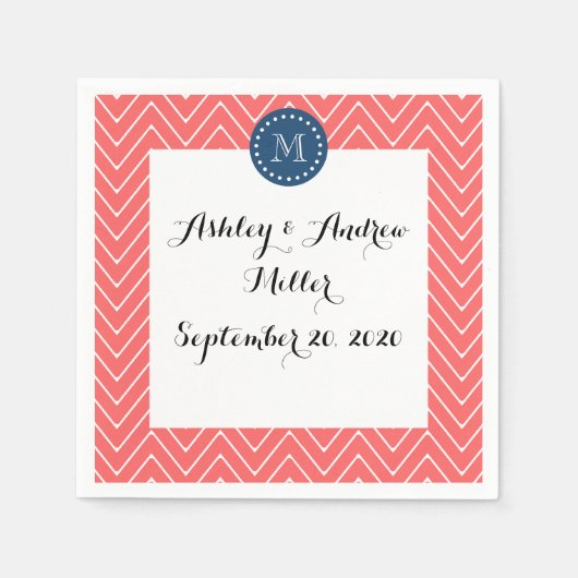 Zickzack Muster 2A Monogram Coral, Navy Blue Serviette (Vorderseite)