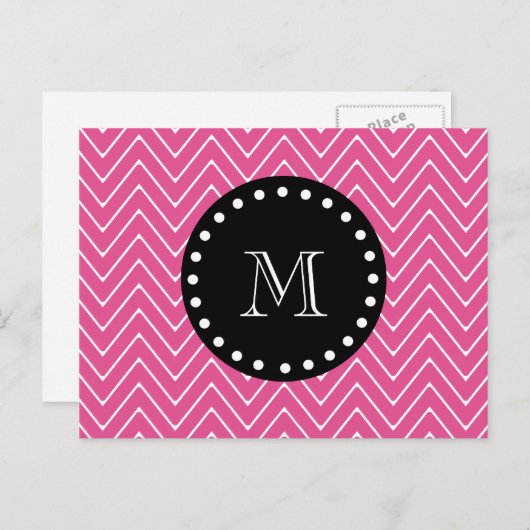 Zickzack Muster in Hot Pink | Schwarze Monogramm Postkarte (Vorne/Hinten)