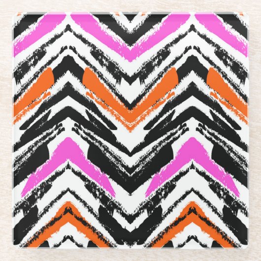 Zickzack Muster in Schwarz, Orange und Rosa Glasuntersetzer (Vorderseite)