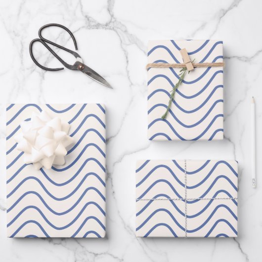 Zickzack Muster Minimale Linie Blau auf Creme Whit Geschenkpapier Set (Vorderseite)