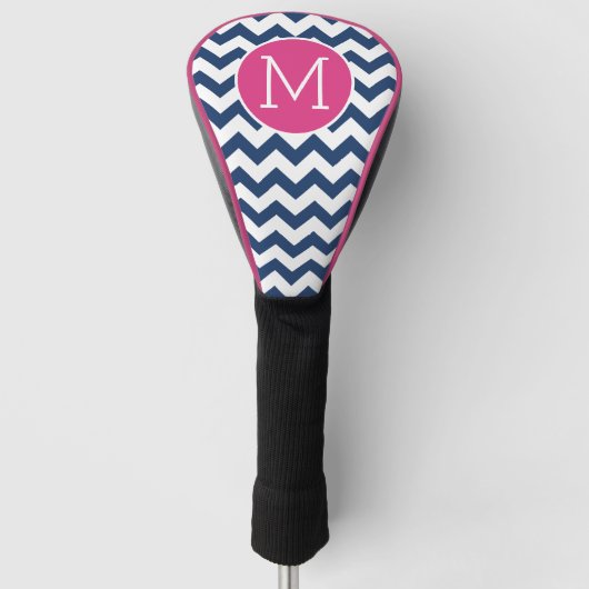 Zickzack Muster mit Monogram - Navy Hot Pink Golf Headcover (Vorderseite)
