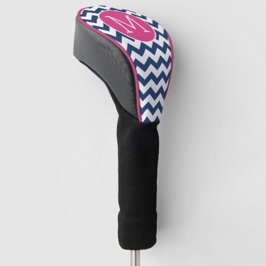 Zickzack Muster mit Monogram - Navy Hot Pink Golf Headcover (angewinkelt)