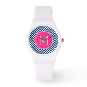 Zickzack Muster mit Monogram - Navy Magenta Armbanduhr