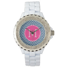 Zickzack Muster mit Monogram - Navy Magenta Armbanduhr