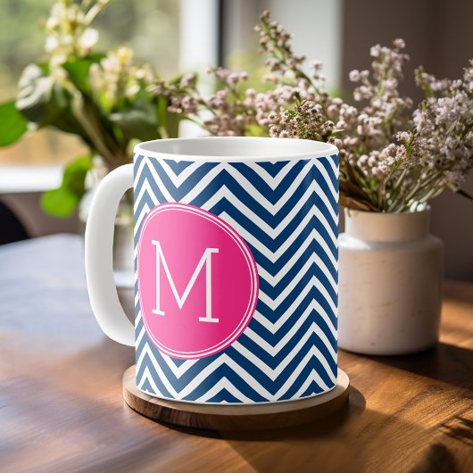 Zickzack Muster mit Monogram - Navy Magenta Kaffeetasse