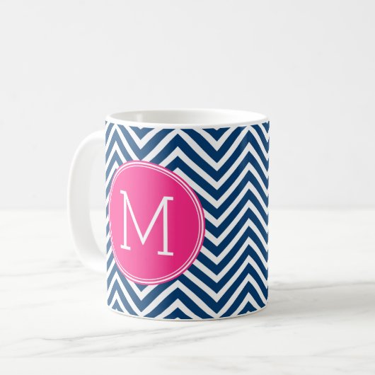 Zickzack Muster mit Monogram - Navy Magenta Kaffeetasse (Vorderseite Links)