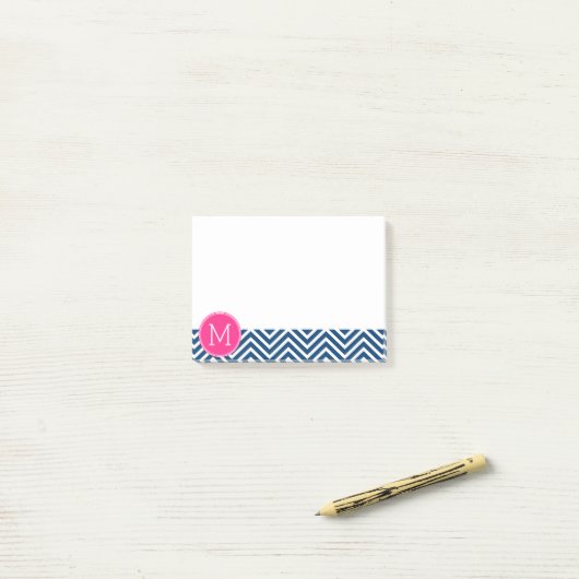 Zickzack Muster mit Monogram - Navy Magenta Post-it Klebezettel (Auf Schreibtisch)